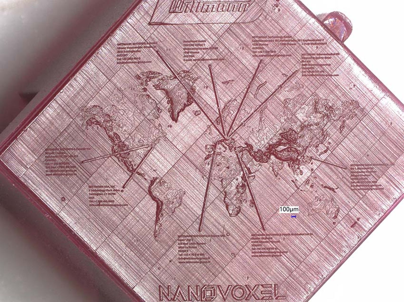 NanoVoxel microprint showing a detailed map of the world at a scale of 100 microns. 
