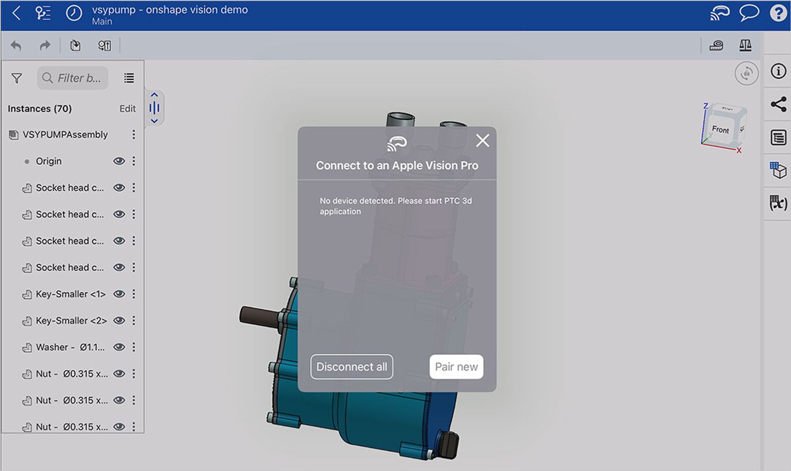 Onshape での Apple Vision Pro のペアリングウィンドウ