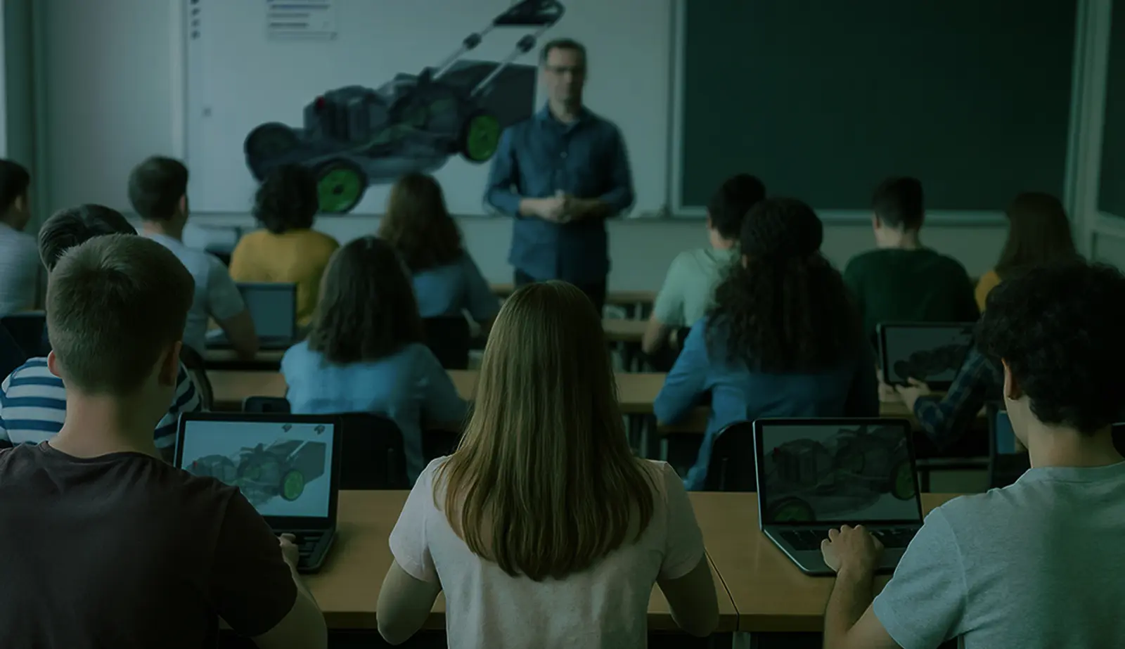 Imagen de archivo oscurecida en la que se muestran estudiantes en un aula aprendiendo sobre modelos CAD.