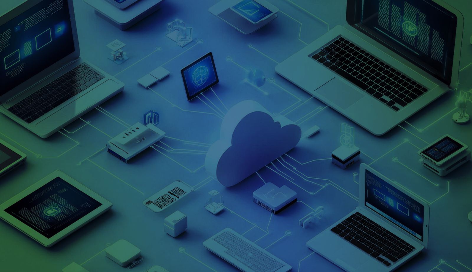 Stock illustration with an overlay showing a cloud connecting laptops and other devices.