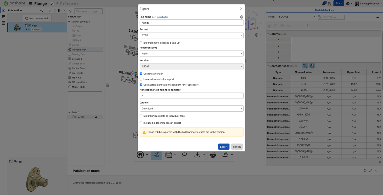 Onshape GUI showing the Export options for a 3D-modeled flange.