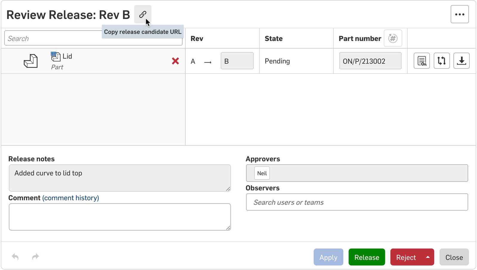 Image showing the URL icon in the Release candidate dialog in Onshape.