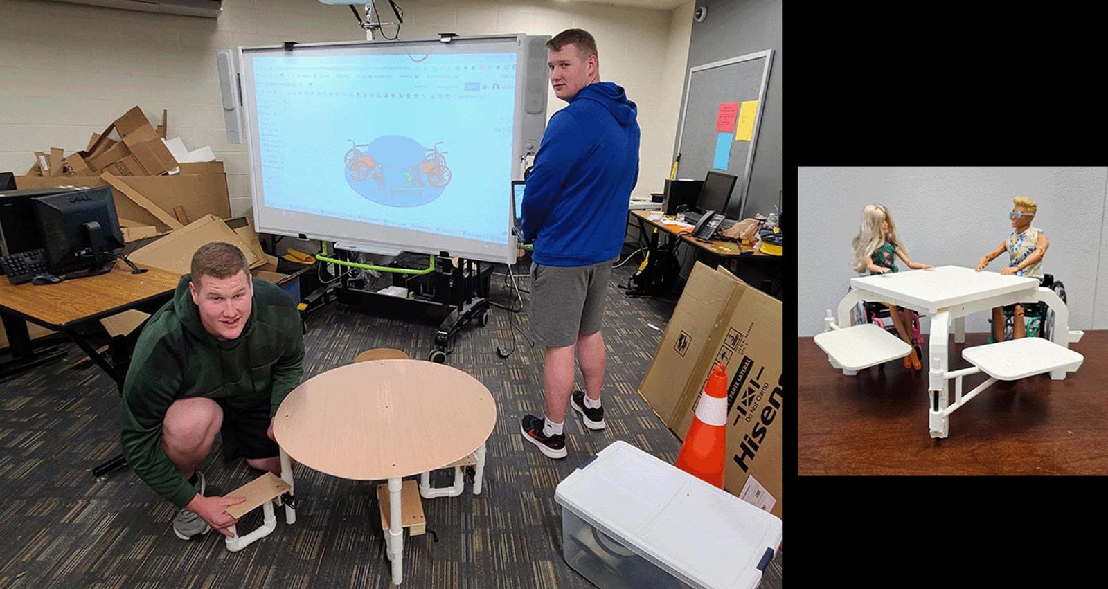 Collage showing, at left, two engineers building a prototype of a picnic table using Onshape as a reference on a screen. To the right, a mini-prototype with Barbies as testers.