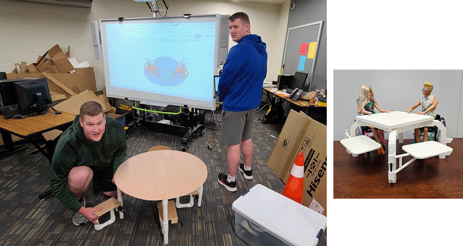 Collage showing, at left, two engineers building a prototype of a picnic table using Onshape as a reference on a screen. To the right, a mini-prototype with Barbies as testers.