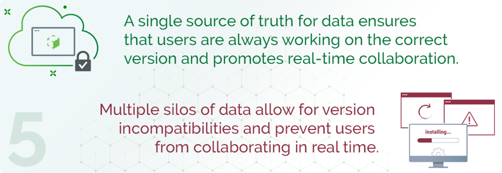 A single source of truth for data ensures that users are always working on the correct version and promotes real-time collaboration. Multiple silos of data allow for version incompatibilities and prevent users from collaborating in real time.