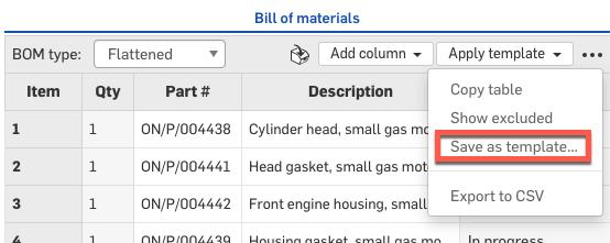 Saving a BOM template