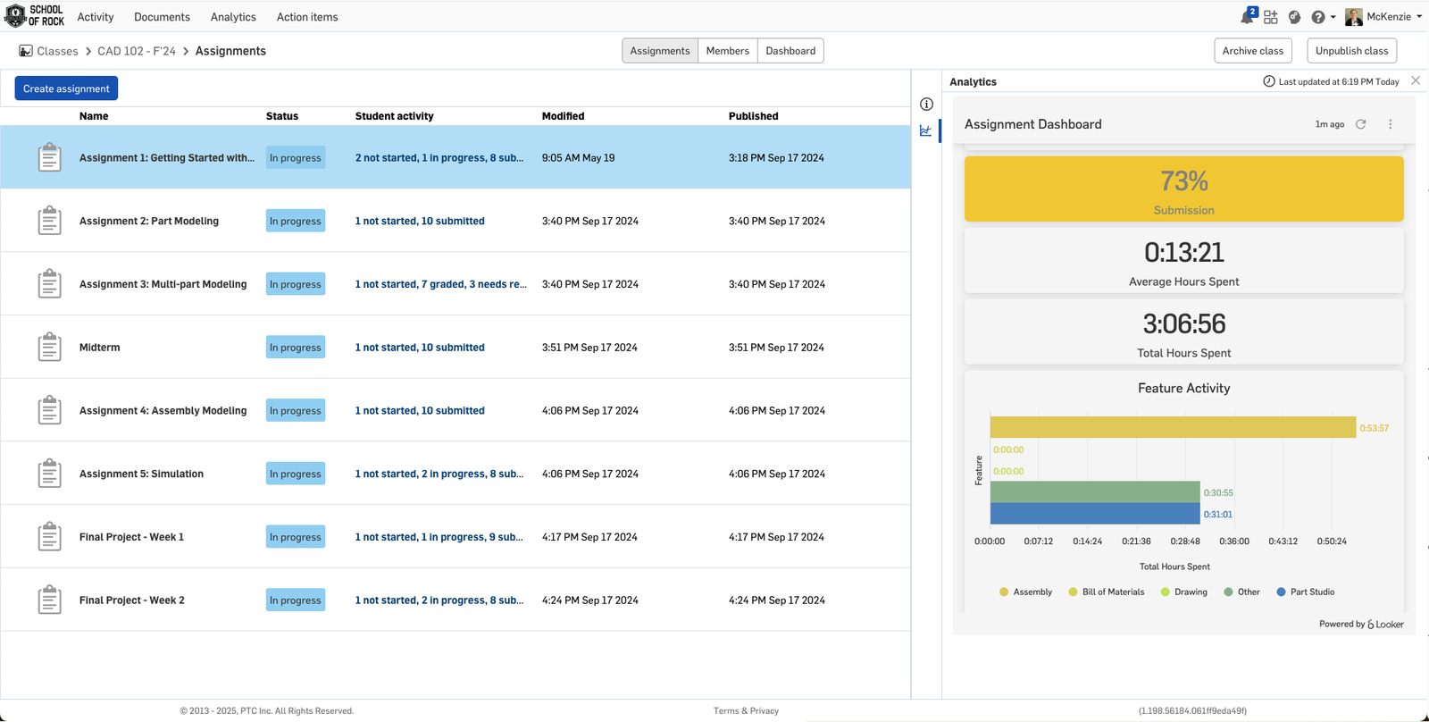 Onshape GUI showing the classes and assignments dashboard.