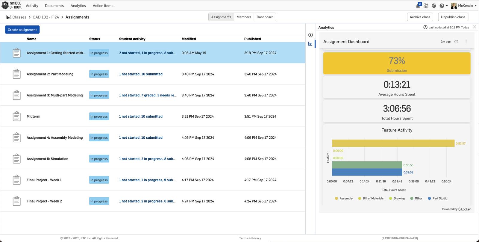 Onshape GUI showing the classes and assignments dashboard.