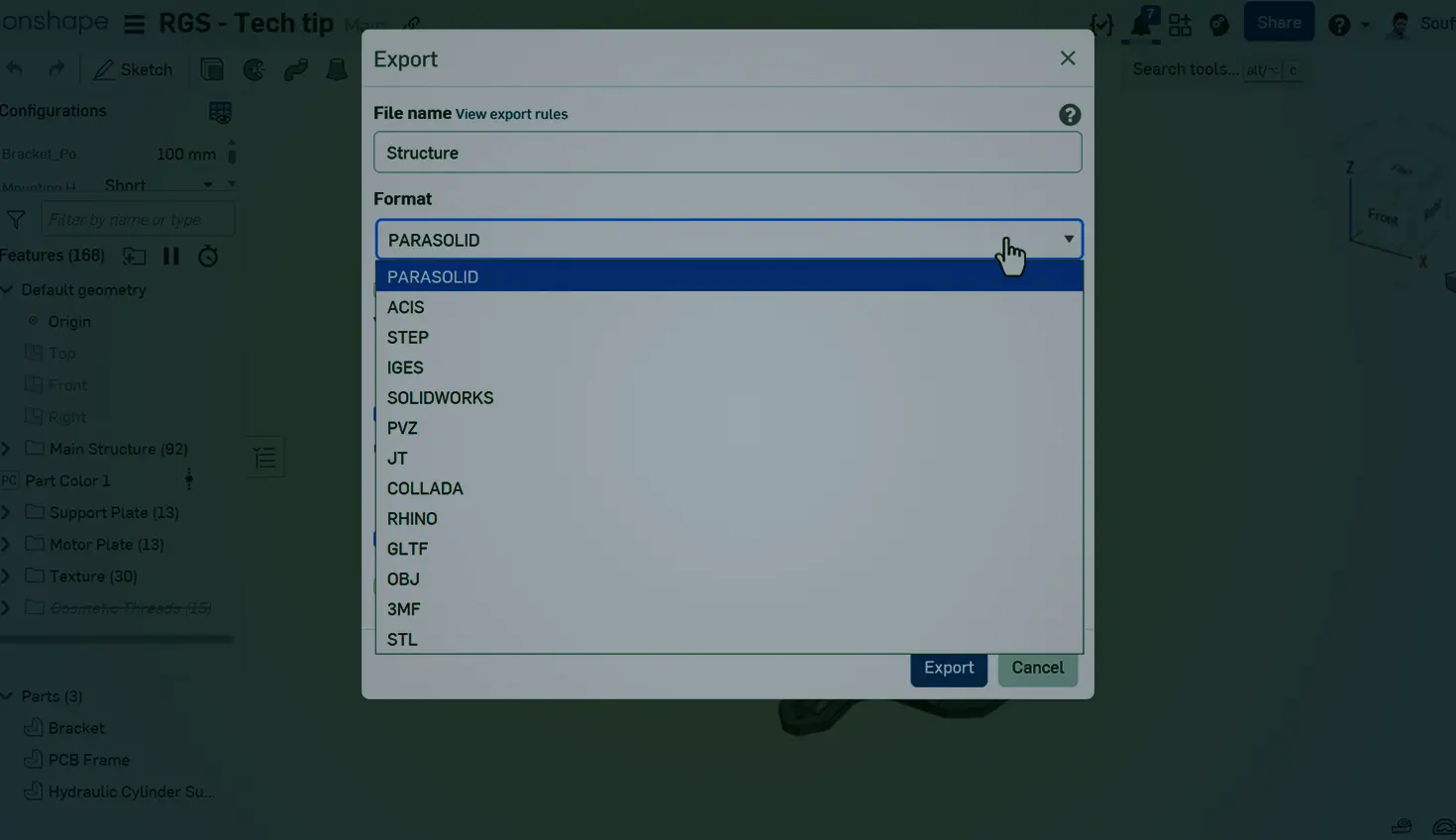 Onshape GUI with an overlay showing the Export dialog box.