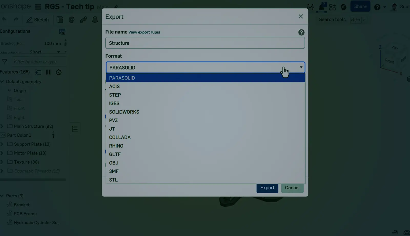Onshape GUI with an overlay showing the Export dialog box.