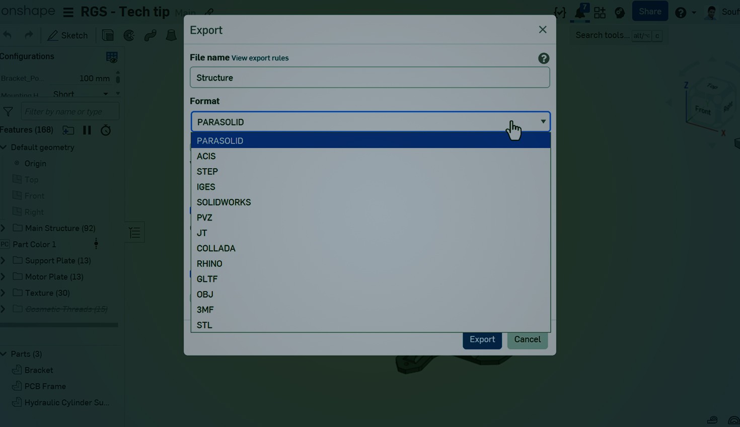 Onshape GUI with an overlay showing the Export dialog box.