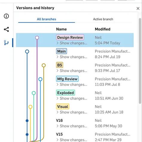 Version History window in Onshape