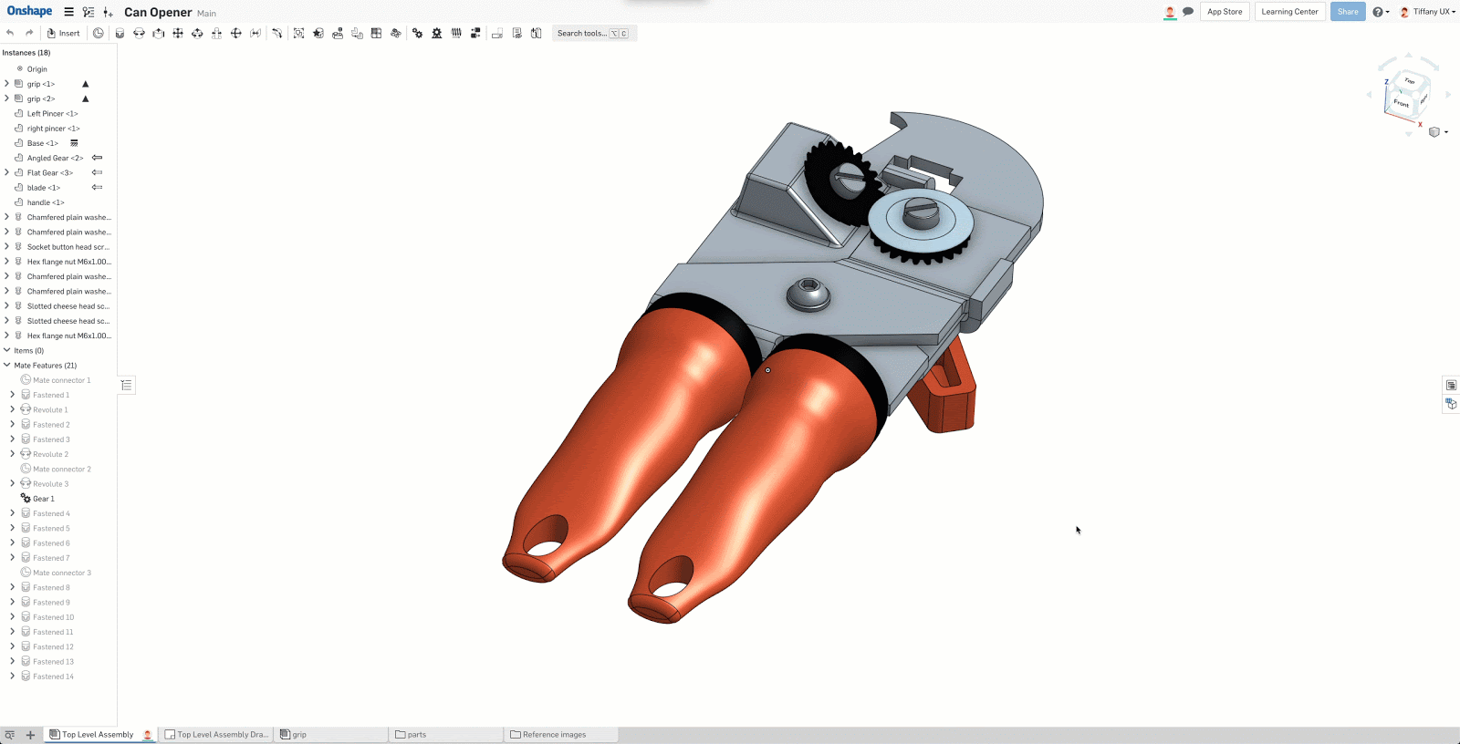 3D modeled can opener in Onshape.