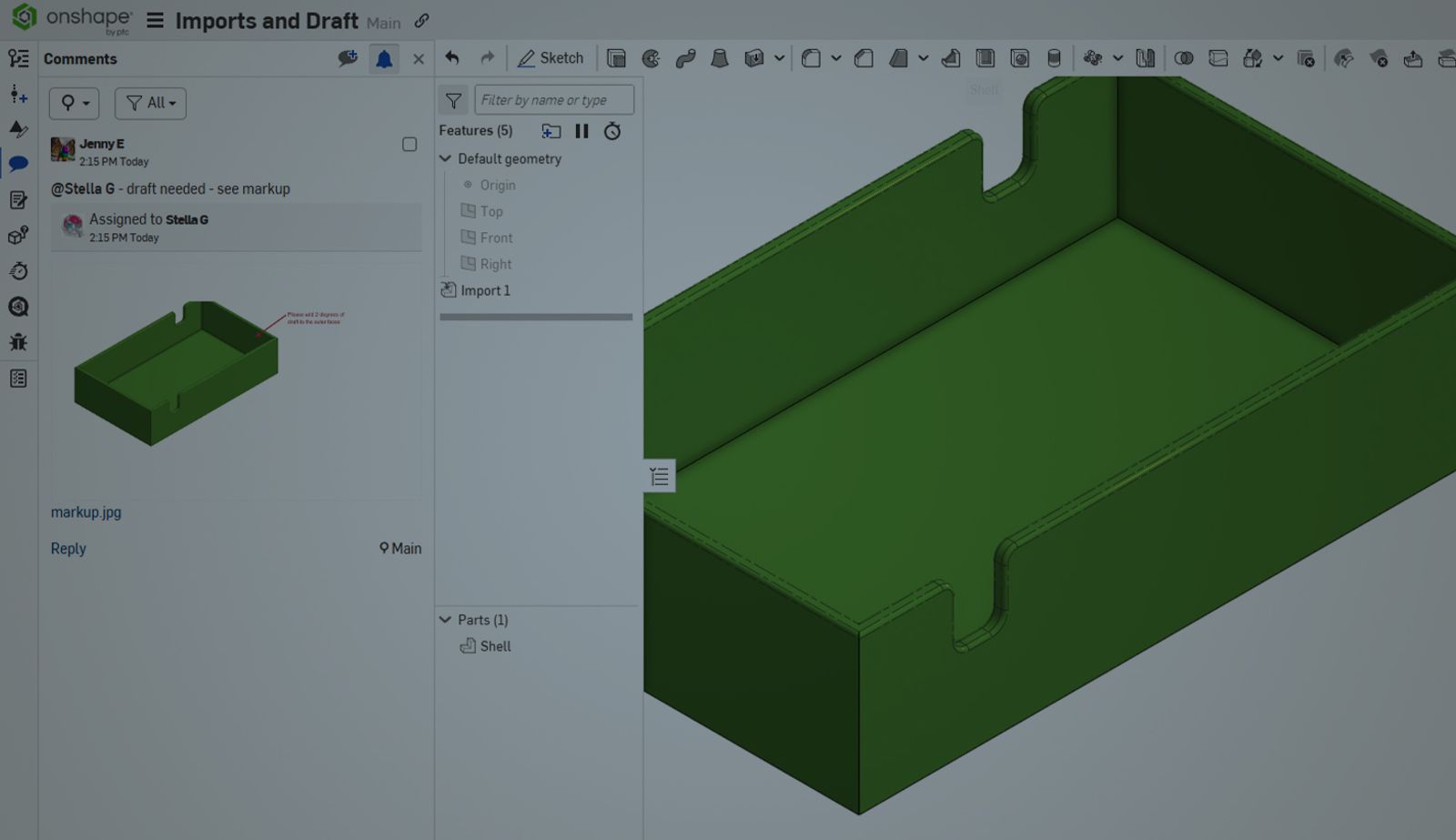 Onshape GUI with an overlay showing a part with fillets.