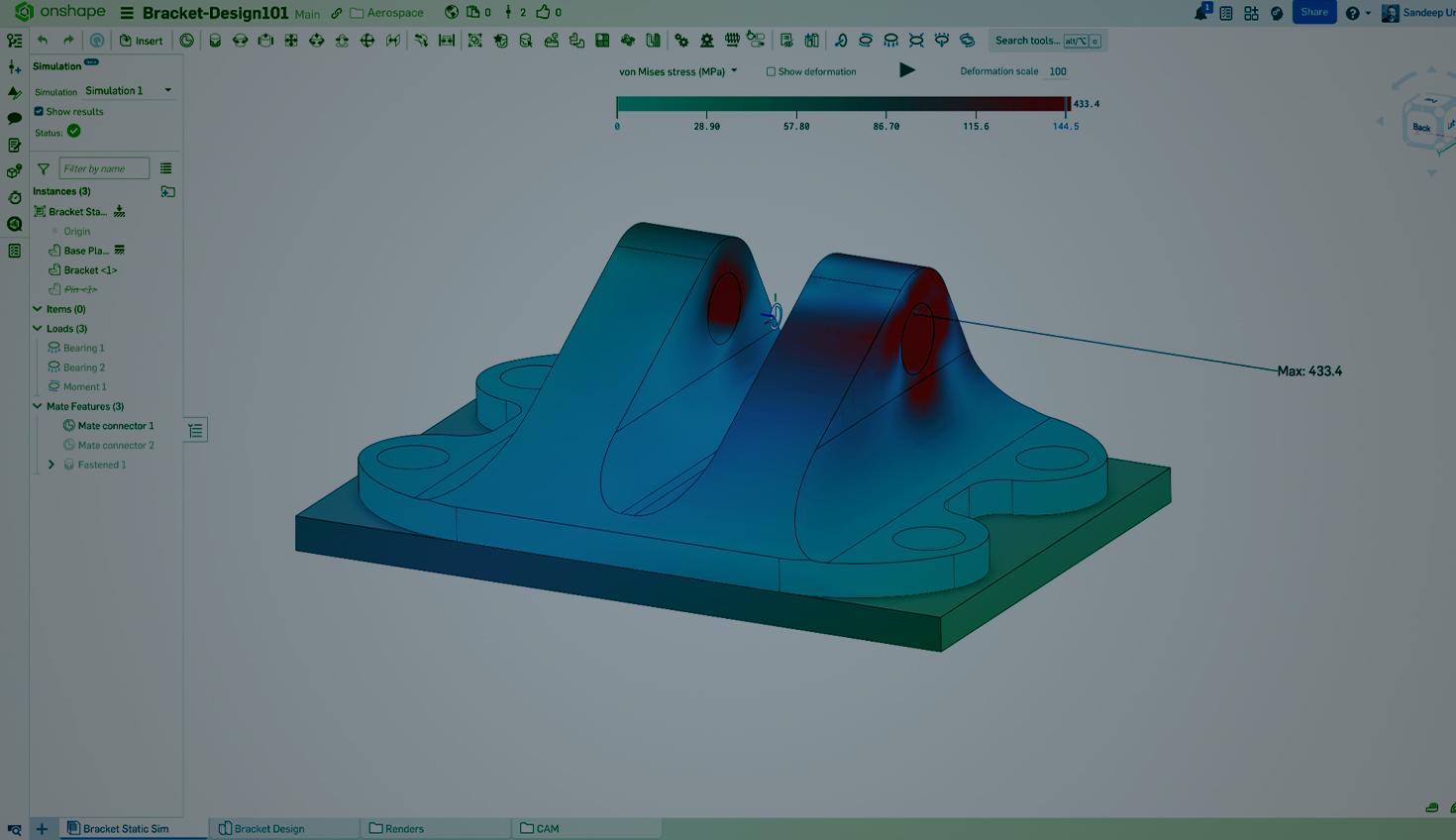 Onshape GUI with an overlay showing von Mises stress test on a 3D-modeled bracket.