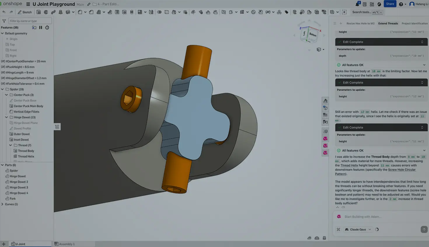 Onshape GUI with an overlay showing a CAD model and Adam AI.