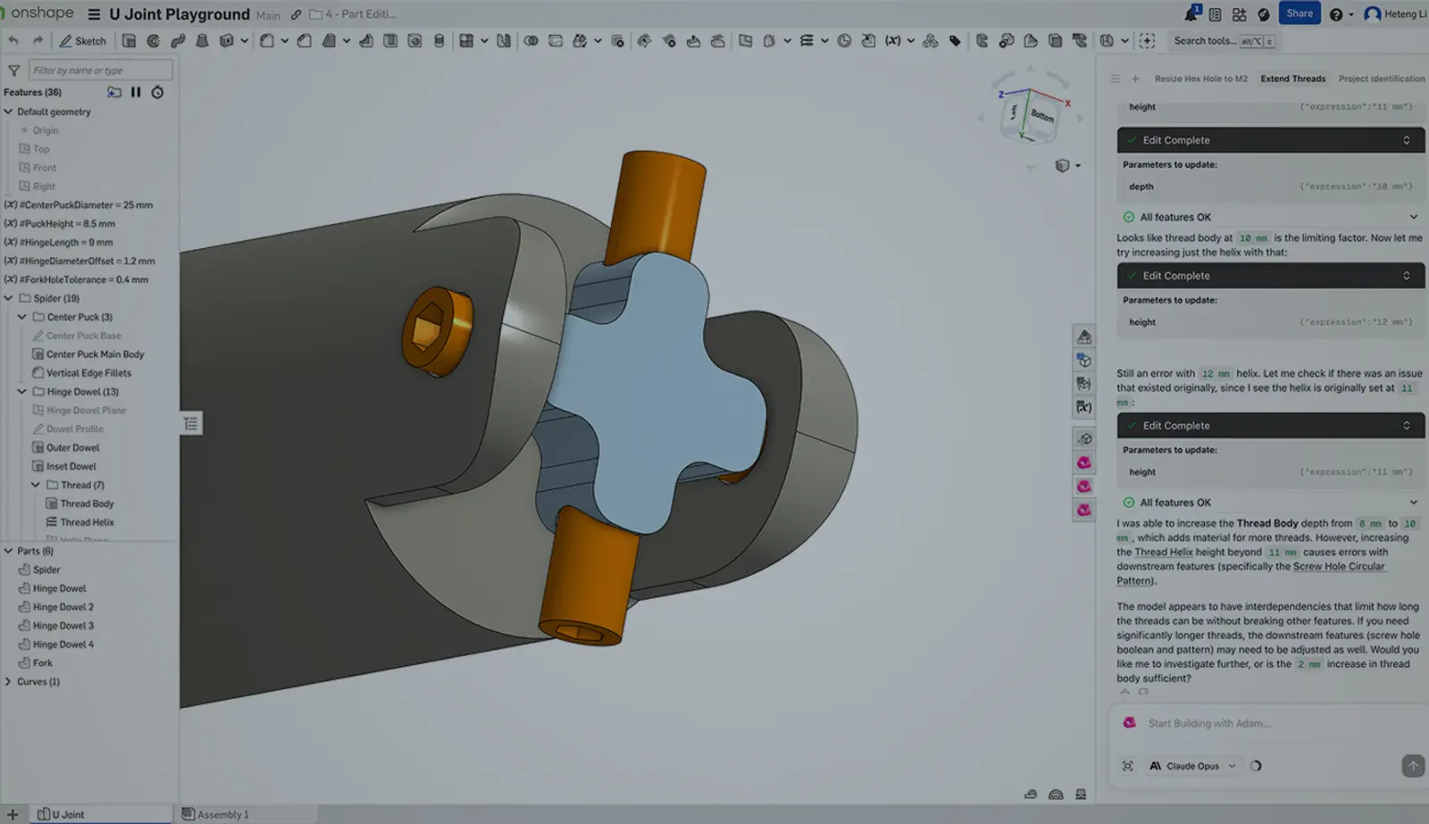 Onshape GUI with an overlay showing a CAD model and Adam AI.