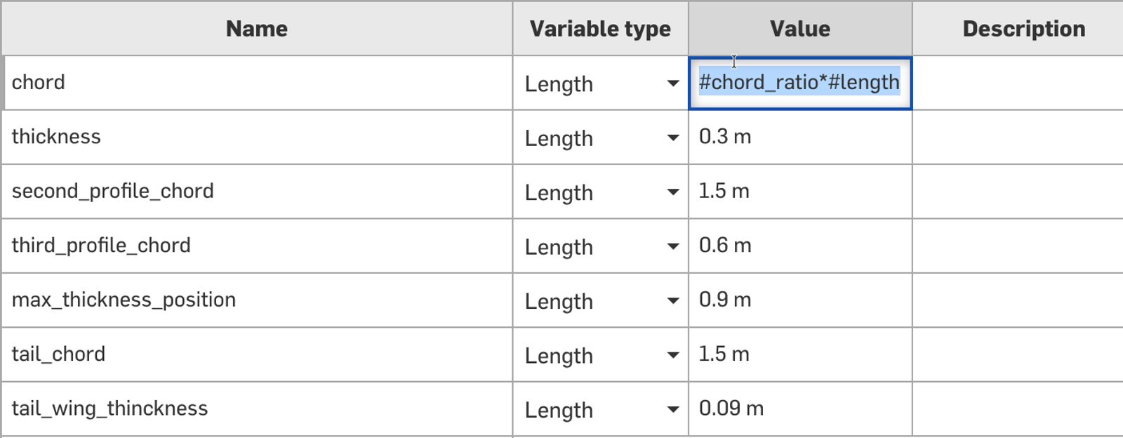 Onshape GUI showing a Variable table with different values.