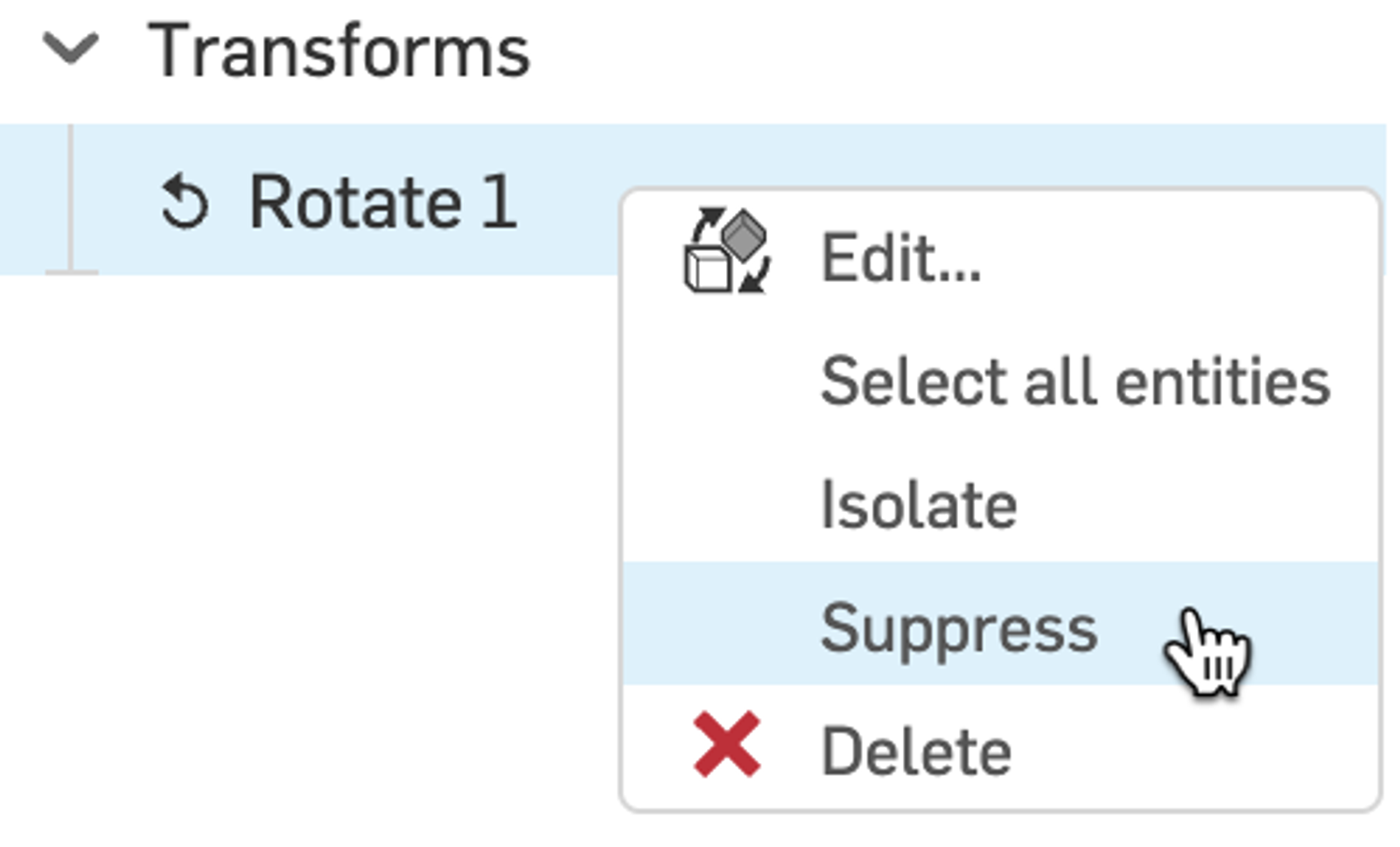 Image showing the dialog for suppressing the Transform tool in Onshape.