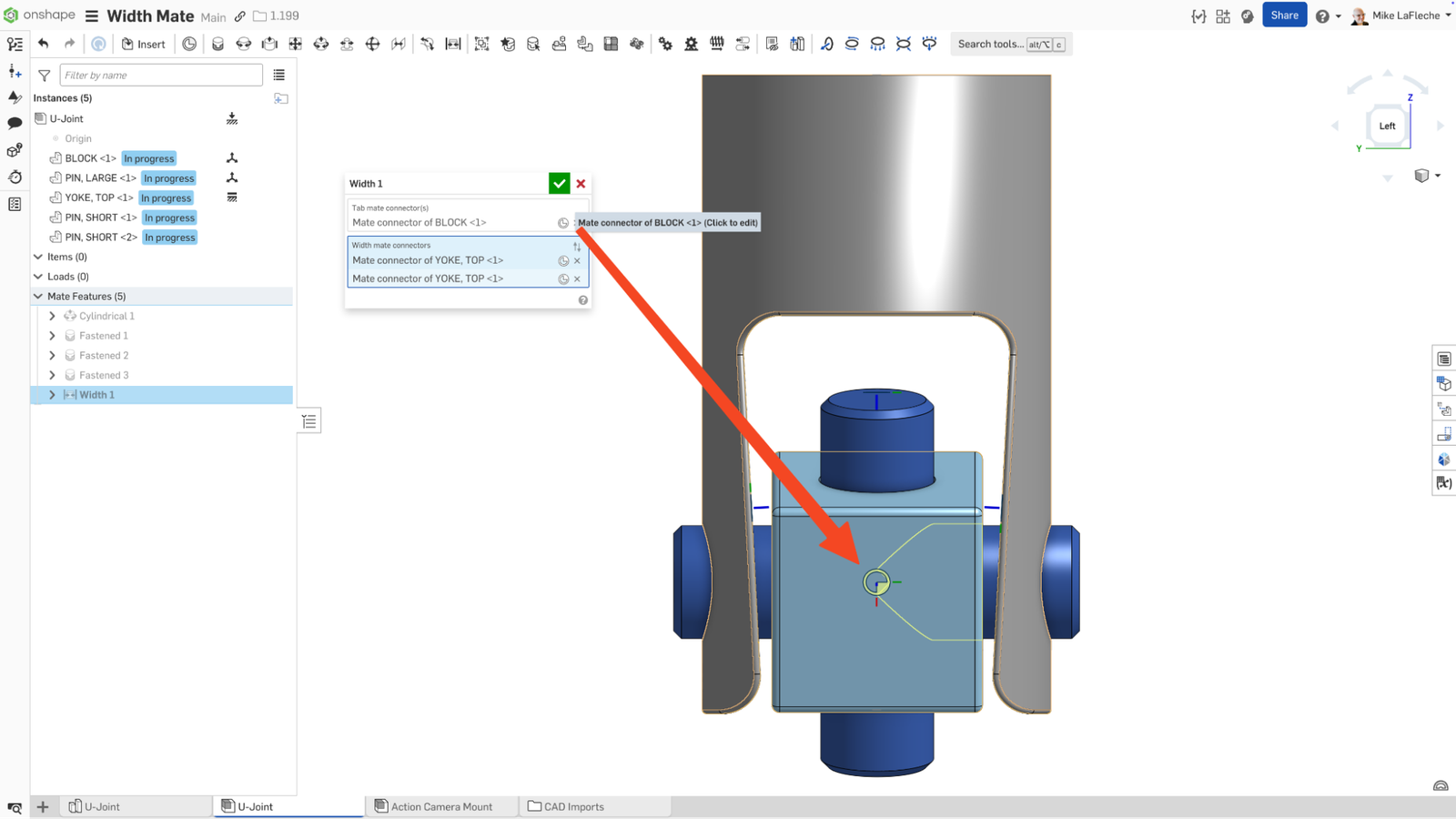 Onshape GUI showing more options within the Width mate dialog box.