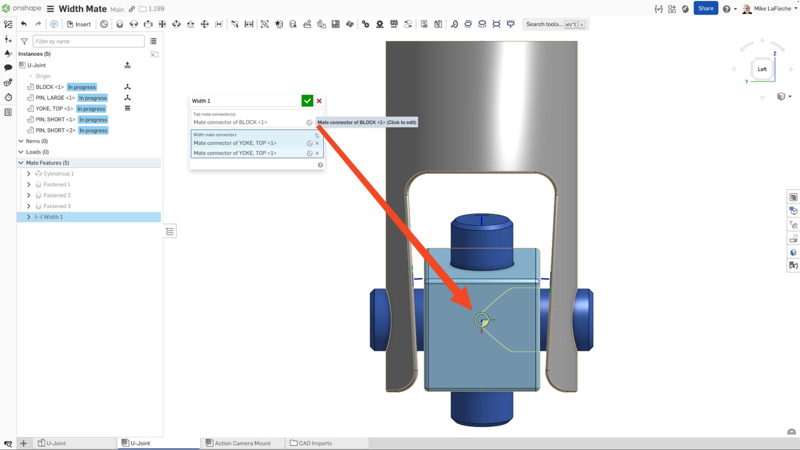 Onshape GUI showing more options within the Width mate dialog box.