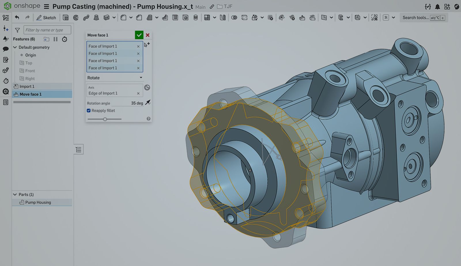 Onshape GUI with an overlay showing a 3D-model of pump housing.