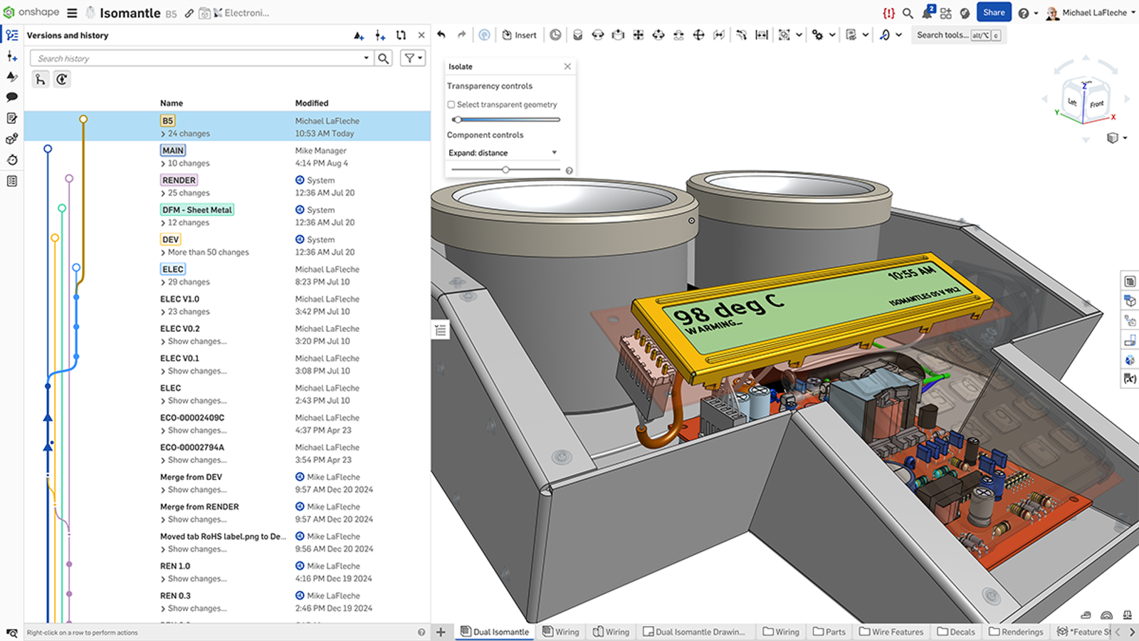 Onshape GUI showing the Versions and history panel of a CAD model.