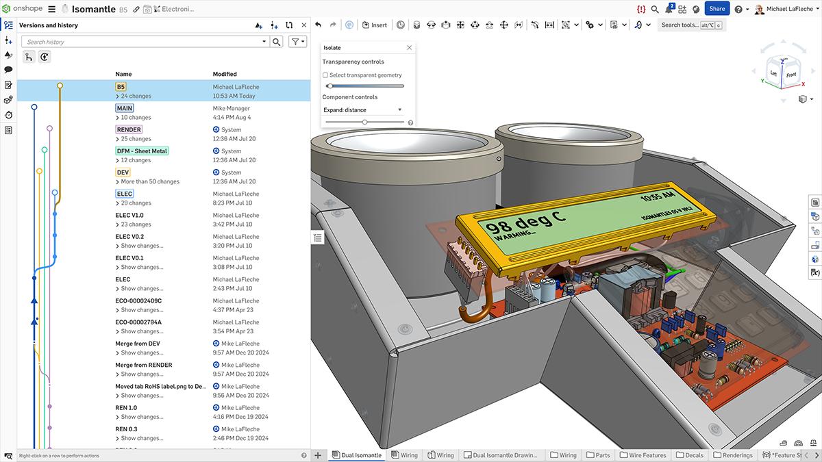 Onshape GUI showing the Versions and history panel of a CAD model.