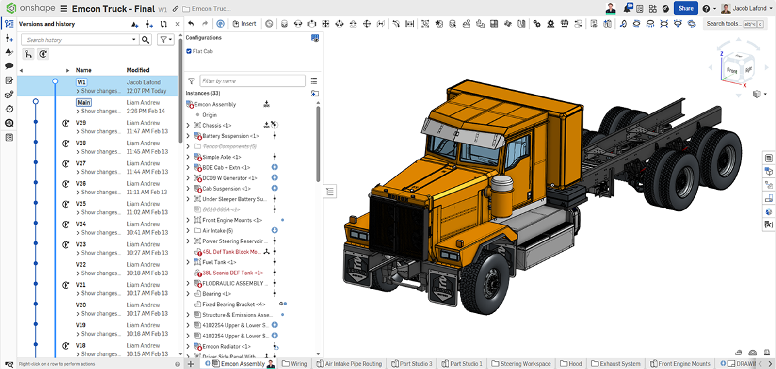 Onshape GUI showing a 3D-modeled truck designed by Edison Motors.