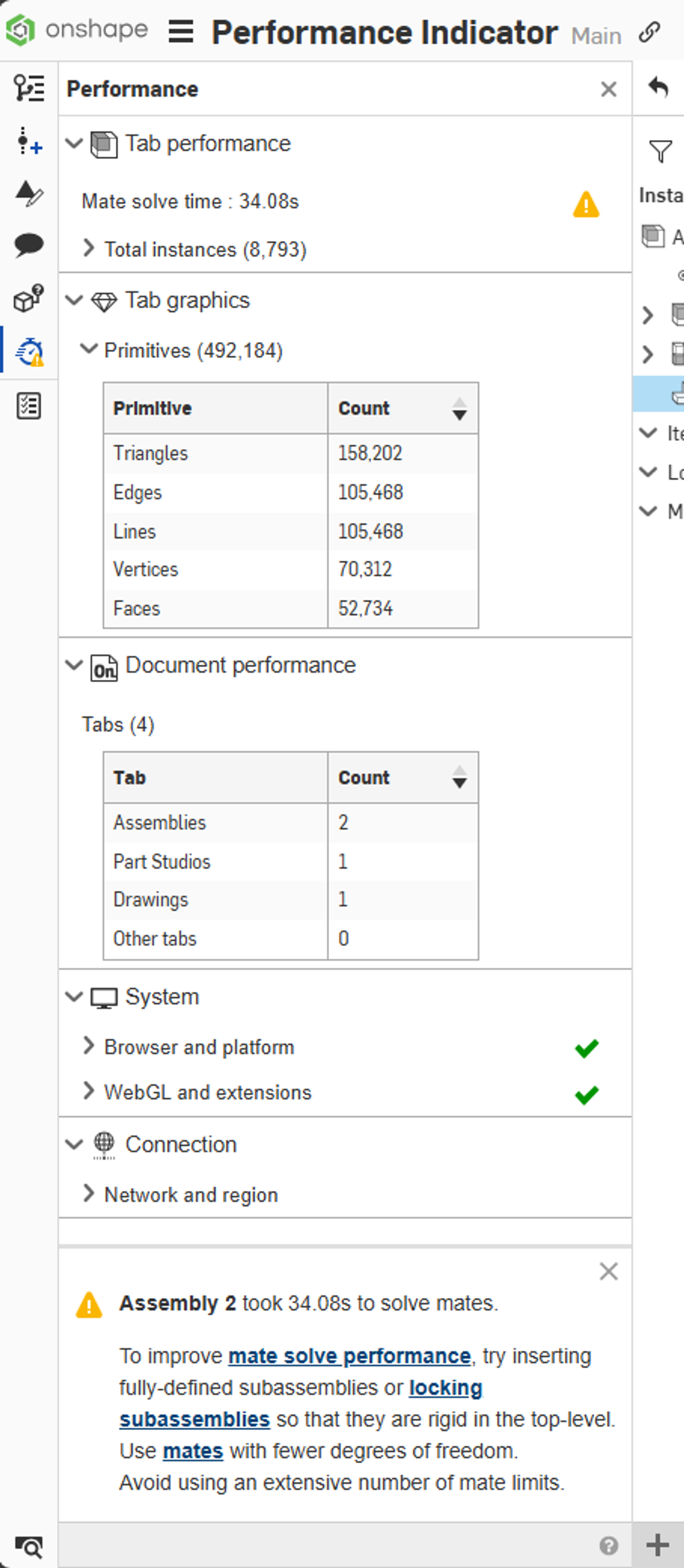 Screenshot showing the Assembly Performance Panel in Onshape.