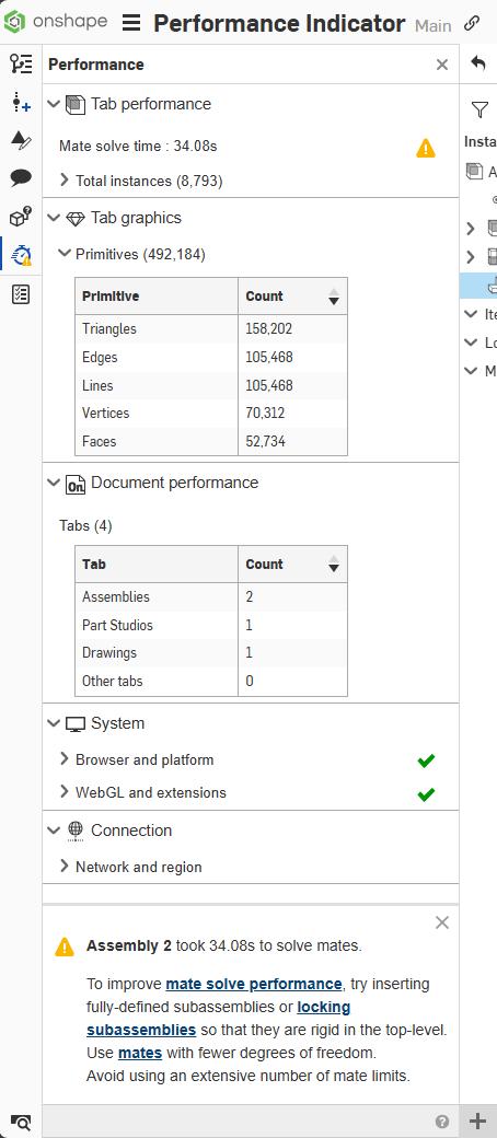 Screenshot showing the Assembly Performance Panel in Onshape.