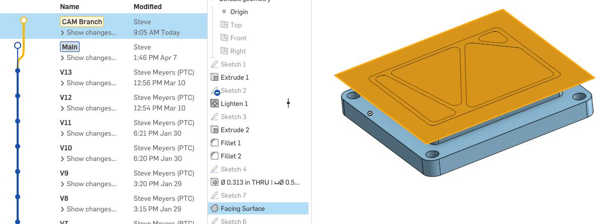 Screenshot showing a branch in Onshape for CAM toolpath work.