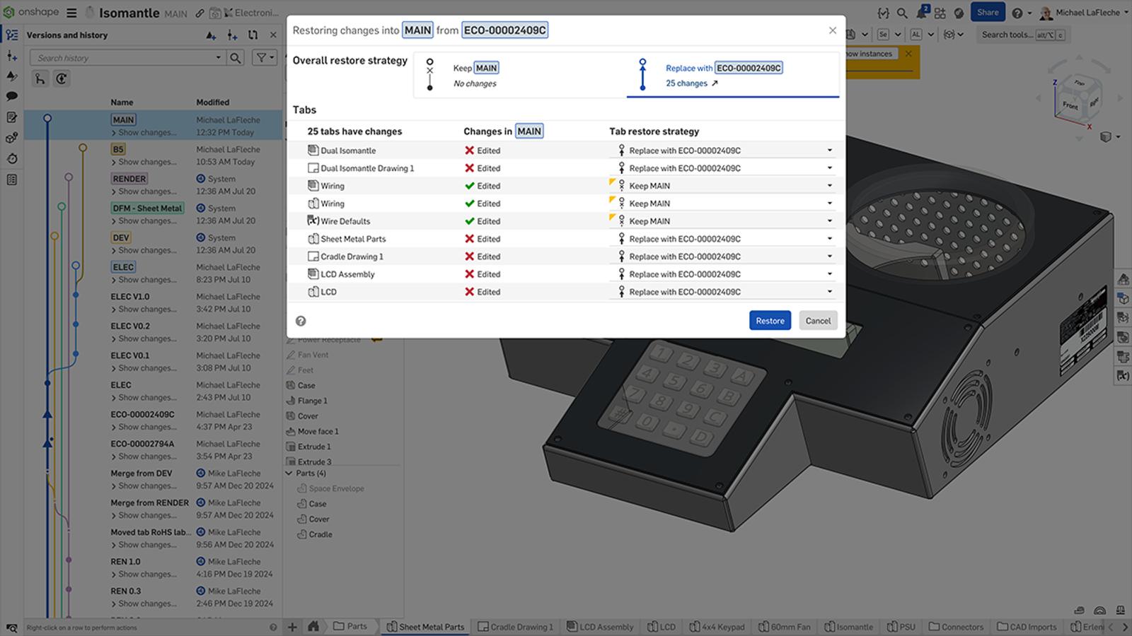 Onshape GUI showing the Overall restore strategy of different branches of a CAD model.