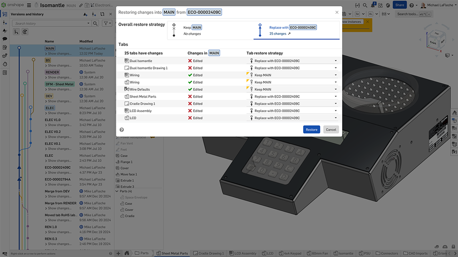 Onshape GUI showing the Overall restore strategy of different branches of a CAD model.