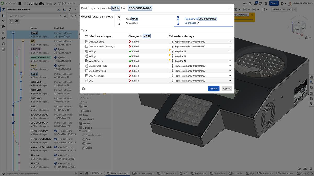 Onshape GUI showing the Overall restore strategy of different branches of a CAD model.