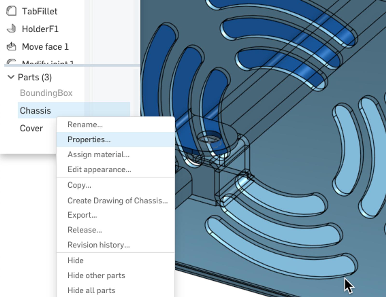 Screenshot showing where to navigate to modify part properties in Onshape.