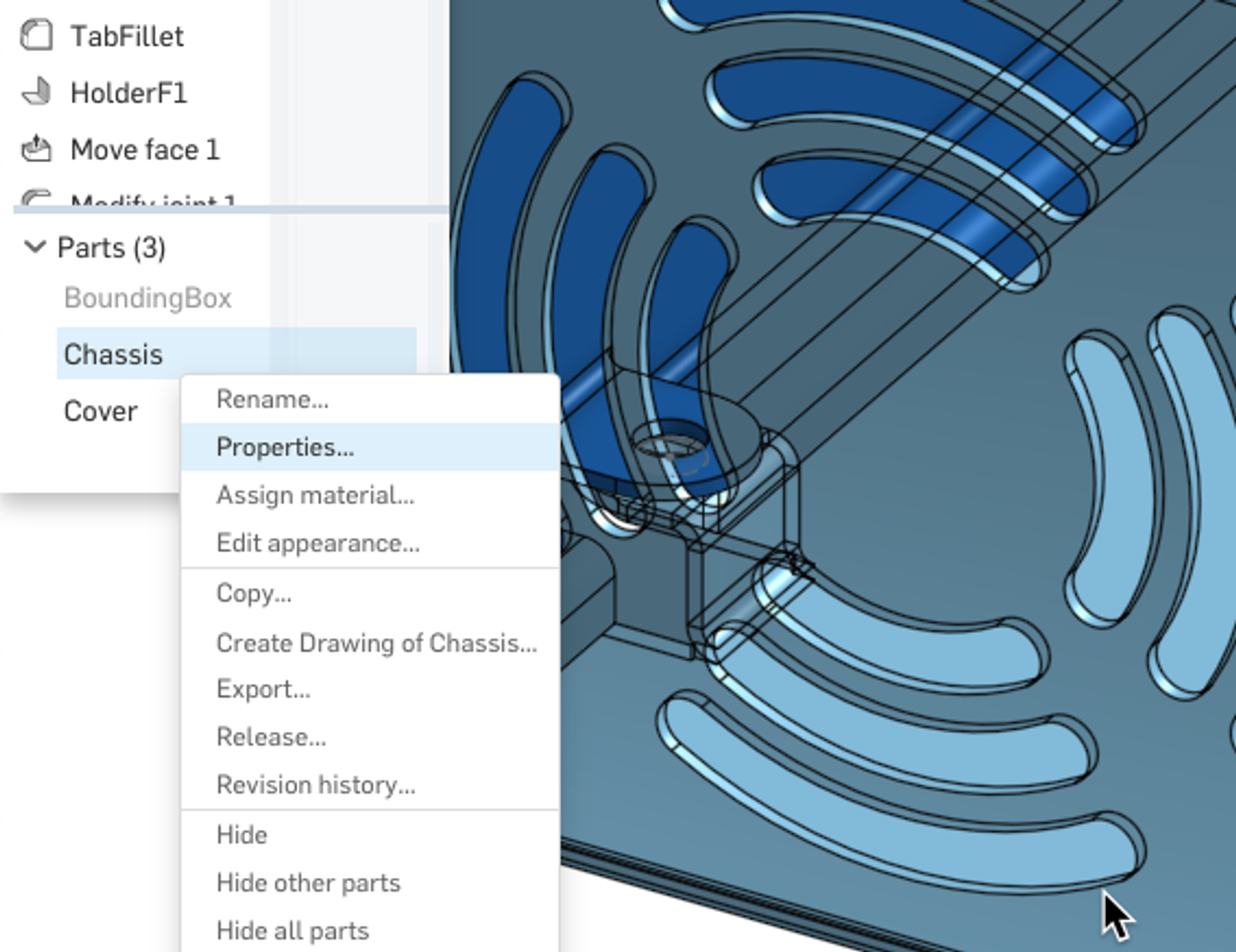 Screenshot showing where to navigate to modify part properties in Onshape.