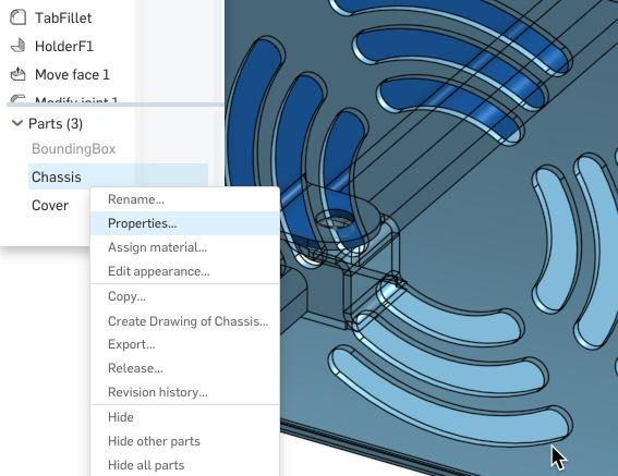 Screenshot showing where to navigate to modify part properties in Onshape.