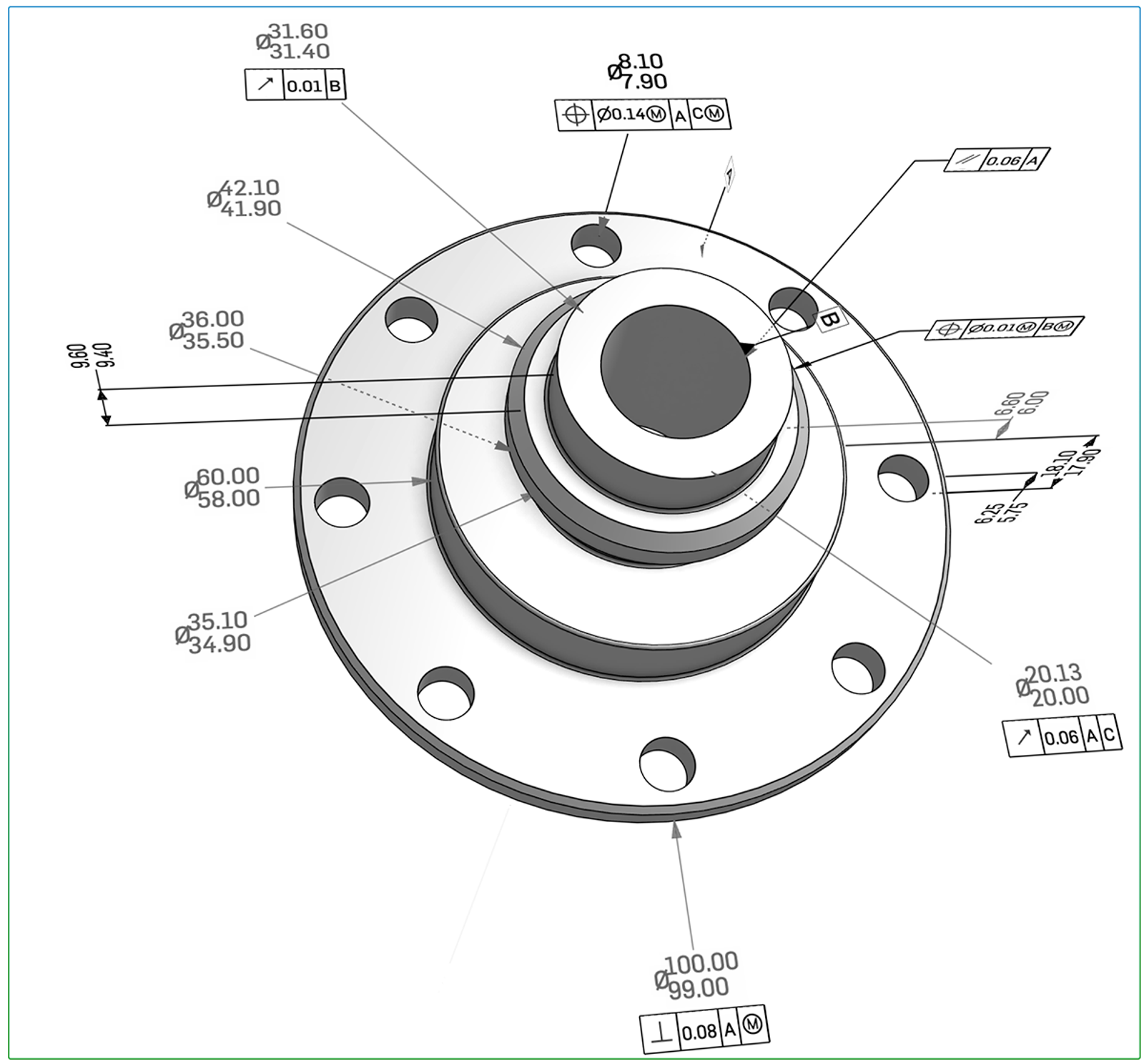 Onshape GUI of a 3D-modeled part with MBD information.