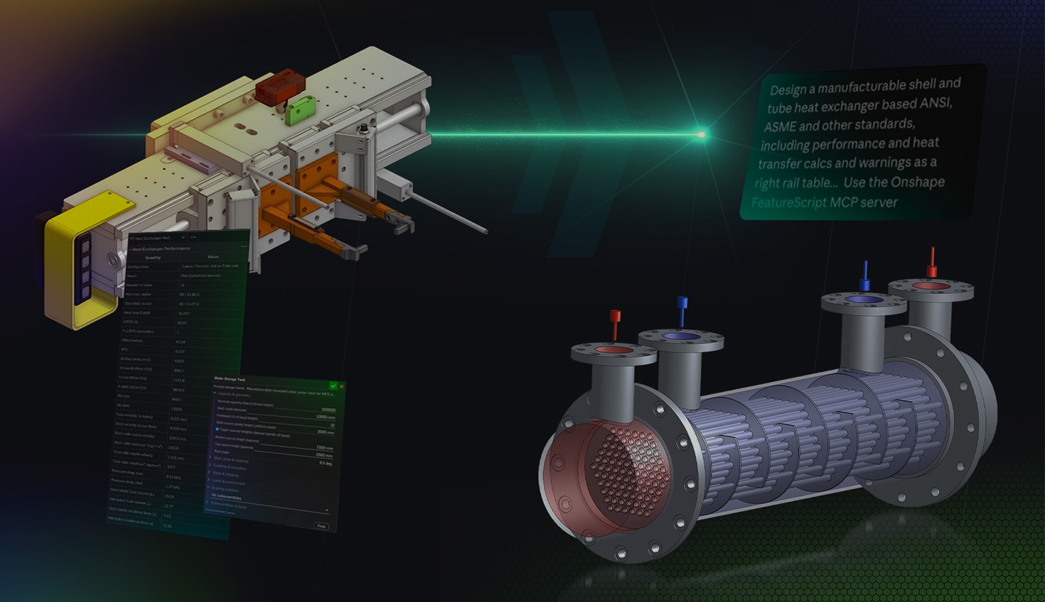 Illustration with an overlay showing models built using AI and FeatureScript MCP Server.