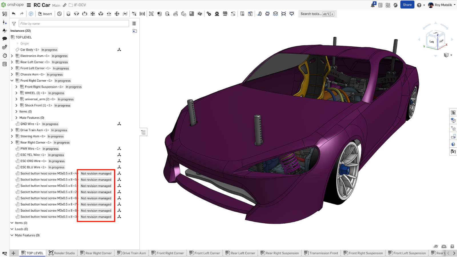 Image showing Not Revision Managed - Part Status in Onshape for a 3D-modeled car.