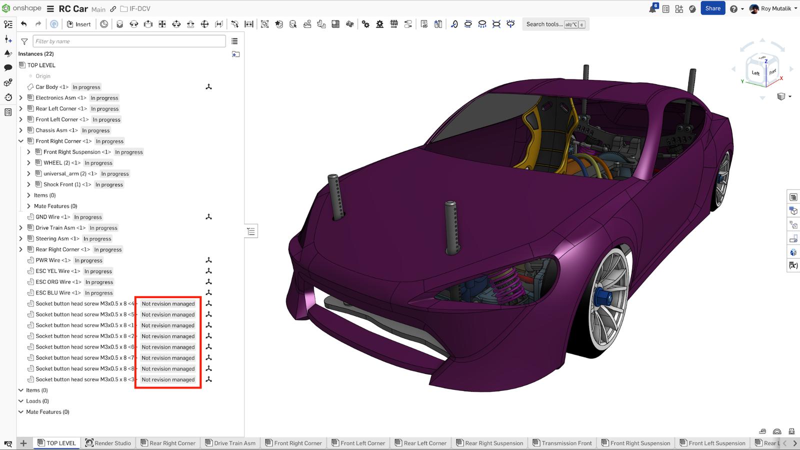 Image showing Not Revision Managed - Part Status in Onshape for a 3D-modeled car.