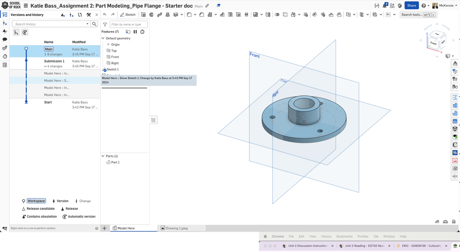 Onshape GUI showing an education starter document with a pipe flange CAD model.