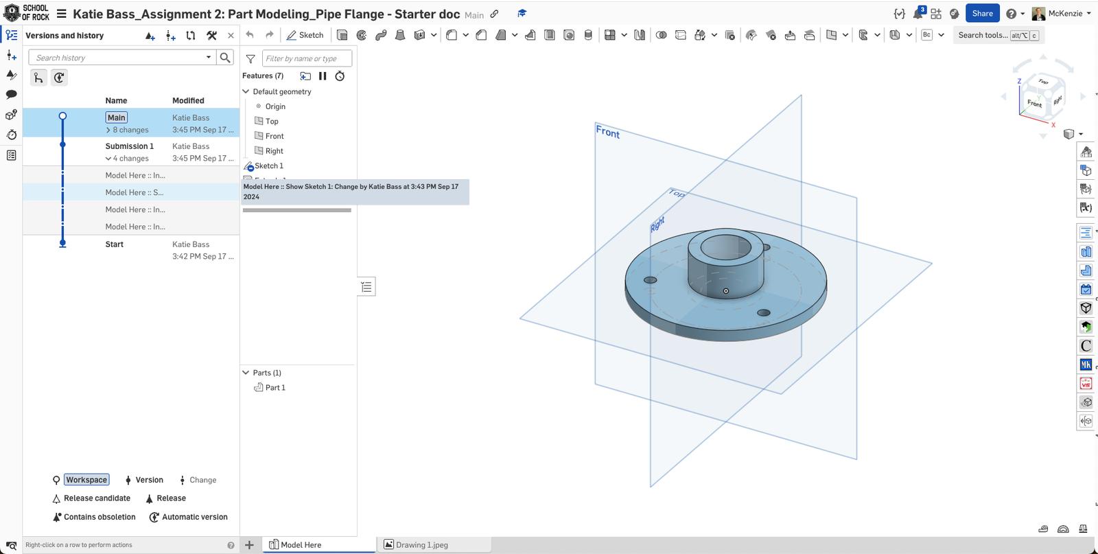 Onshape GUI showing an education starter document with a pipe flange CAD model.