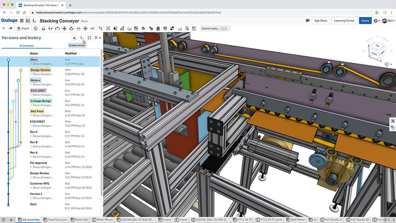 model of Stacking Conveyor in Onshape with version history tab