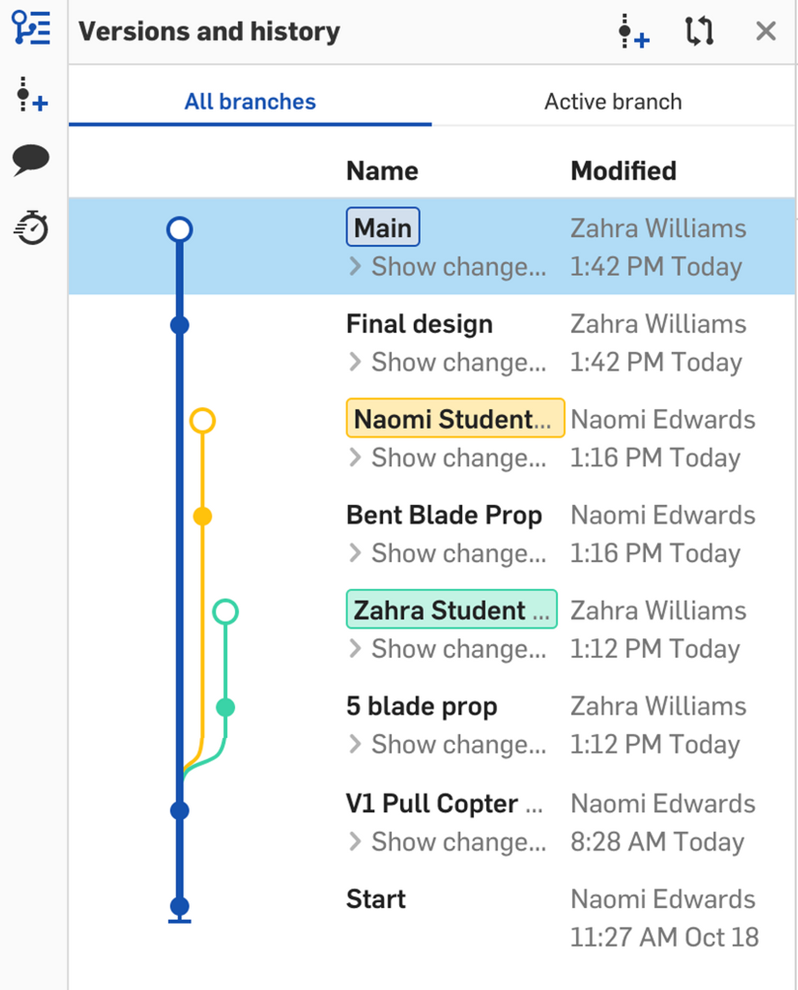 Image showing the different branches of a design in Onshape's versions and history panel.