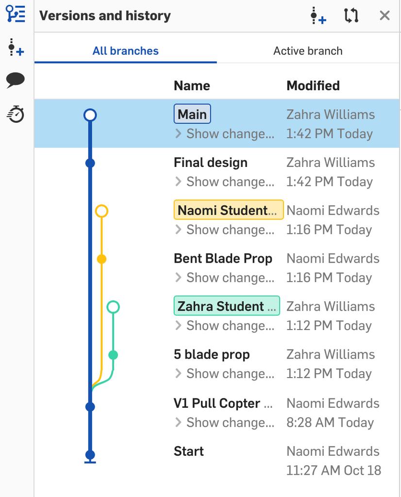 Image showing the different branches of a design in Onshape's versions and history panel.