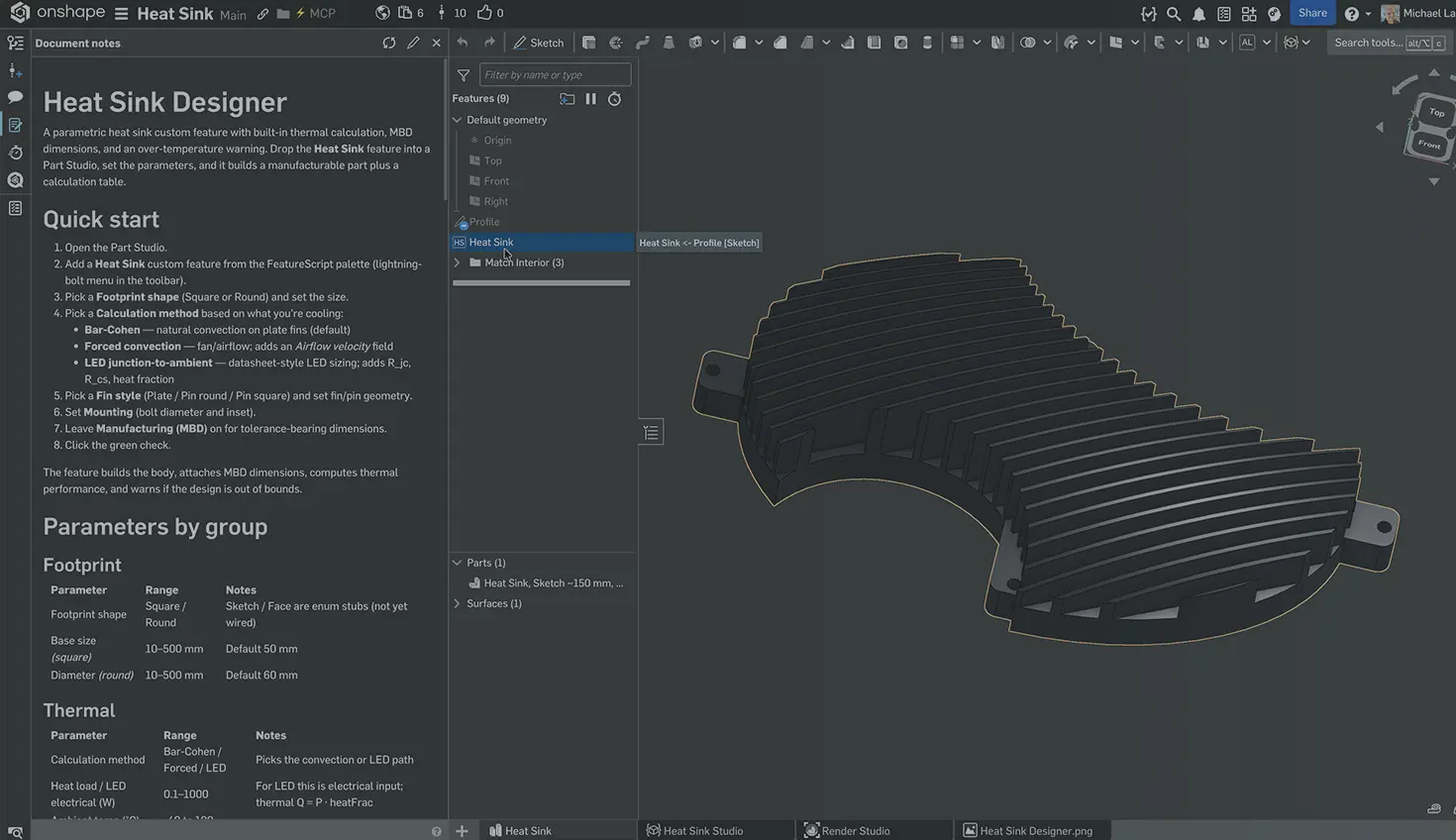 Onshape GUI with an overlay showing a 3D-modeled heat sink with the Document notes open and markdown information.