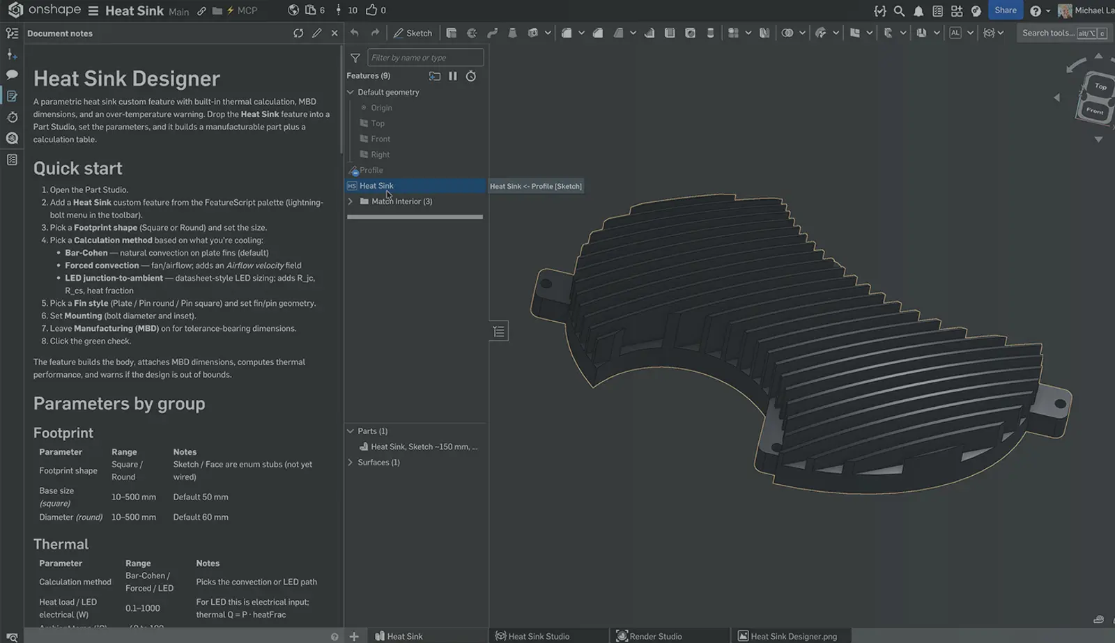 Onshape GUI with an overlay showing a 3D-modeled heat sink with the Document notes open and markdown information.