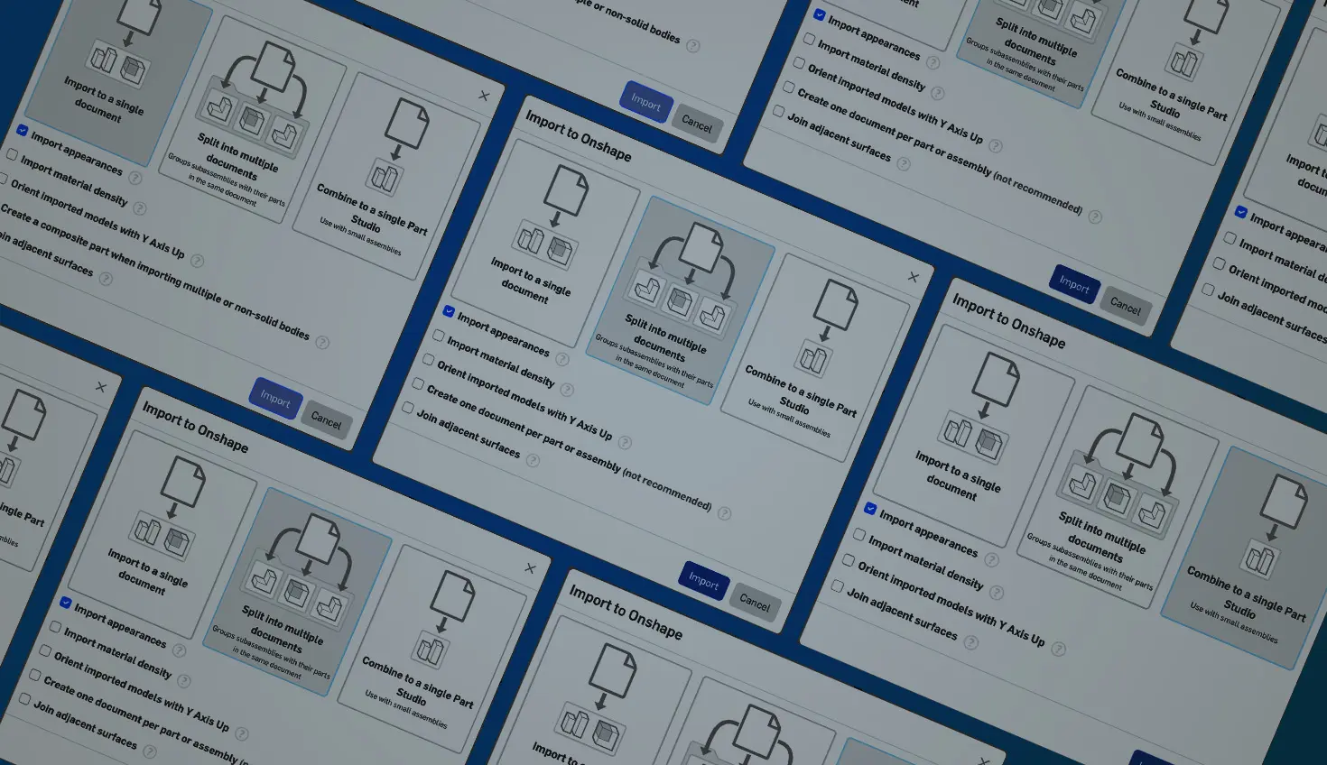 Collage with an overlay showing Onshape GUI of import options.